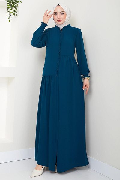 hafsamina Asymmetric Cut Ferace Petrol με βολάν μπροστά HM2378
