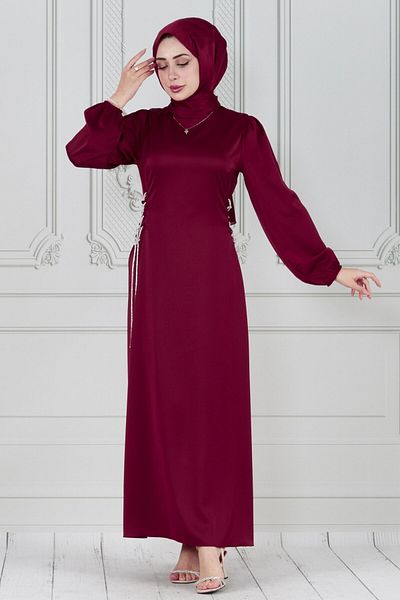 Sevitli Rochie de Seara din Satin Bordeaux - Cu Dantela Detaliata Pietre