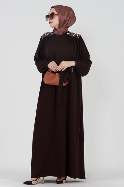 Sevitli Embroidered Shoulder Waist Belted Hijab Dress-Brown