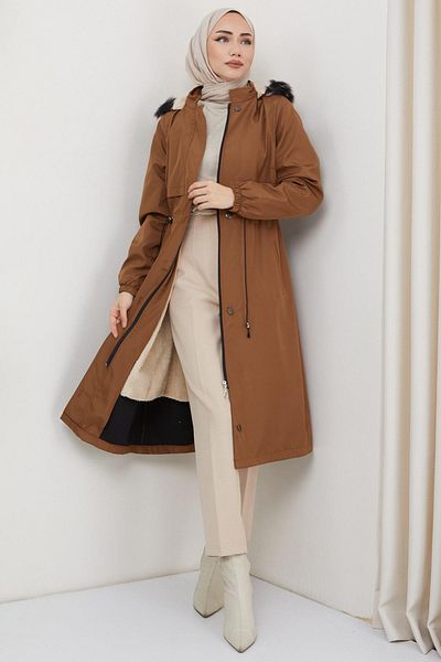 hafsamina Allergic Fur Lined Bondit Coat Tan HM2330