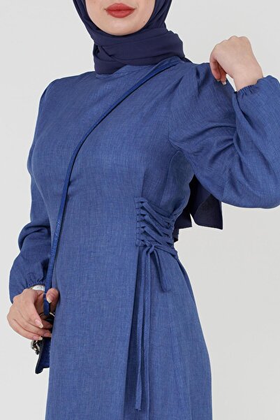 Sevitli Λινό φόρεμα με δαντέλα στο πλάι-Μπλε