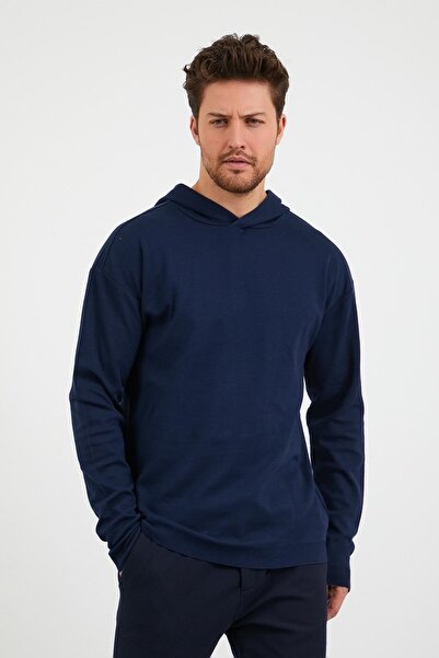 odelon Navy Blue Comfort Fit Hooded Men's Sweatshirt