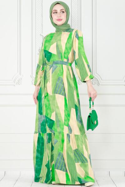 Sevitli Mixed Pattern Belted Viscose Dress-Green