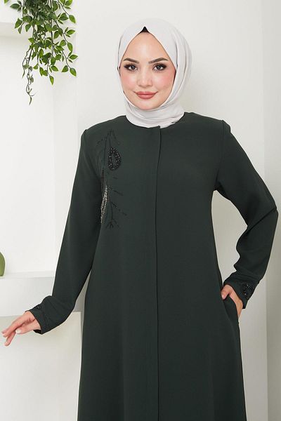 hafsamina Khaki Ferace - Stone Detailed, Hüma HM2479