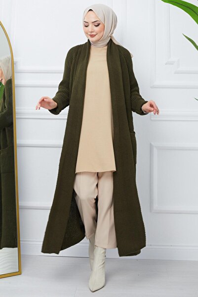 hafsamina Shawl Collar Pocketed Knit Cardigan Khaki HM2243
