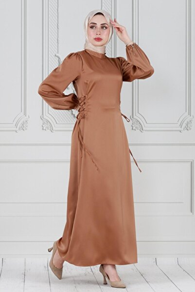 Sevitli Σατέν Βραδινό Φόρεμα - Πλαϊνό Δαντέλα, Χρώμα Καμηλό