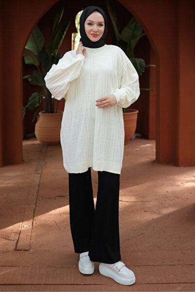 hafsamina Cream Colored Balloon Sleeve Knitwear Tunic - Hm2519