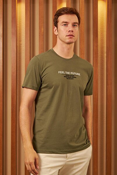 odelon Men's Khaki T-shirt - Comfort Fit, Printed, Feel the Future Mars12