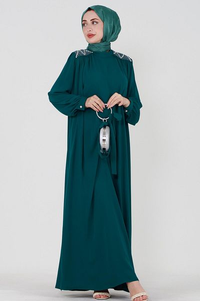 Sevitli Embroidered Shoulder Waist Belted Hijab Dress-Emerald Green