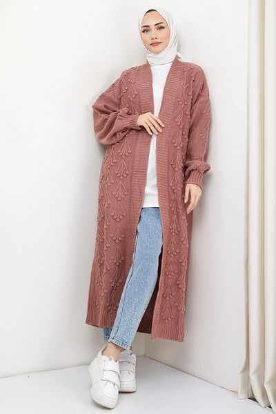 hafsamina Μακρύ πλεκτό ζακέτα με μοτίβο Cherry Dusty Rose HM2334