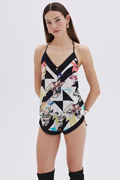 Feu De Elu Mixte Desenli Saten Detaylı Askılı Kısa Viskon Pijama Takımı