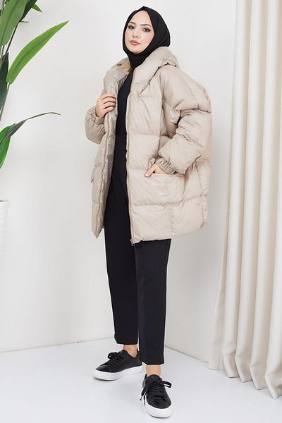hafsamina Φουσκωτό παλτό με κουκούλα Oversize Μπεζ HM2314