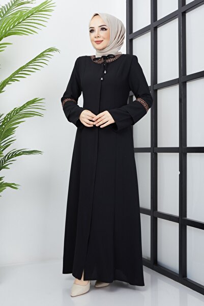 hafsamina Бродирана черна фераце с детайли в големи размери