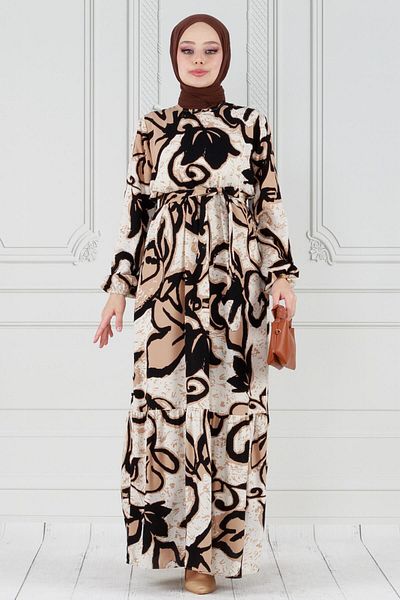 Sevitli Viscose Dress - Tulip Pattern and Waist Belted - Mink