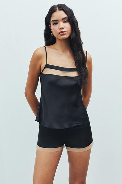 Feu De Elu Black Satin Pajama Set - Tulle Detailed Strappy