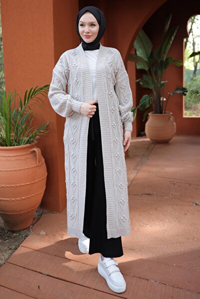 hafsamina Stone Colored Cherry Patterned Long Knitwear Cardigan - Hm2334