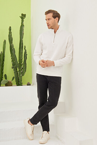 odelon Men's Ecru Sweatshirt - Half Zipper