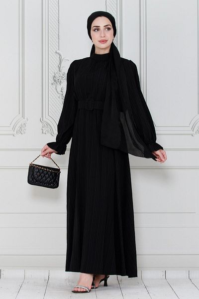 Sevitli Rochie Hijab Neagră - Detaliată cu centură