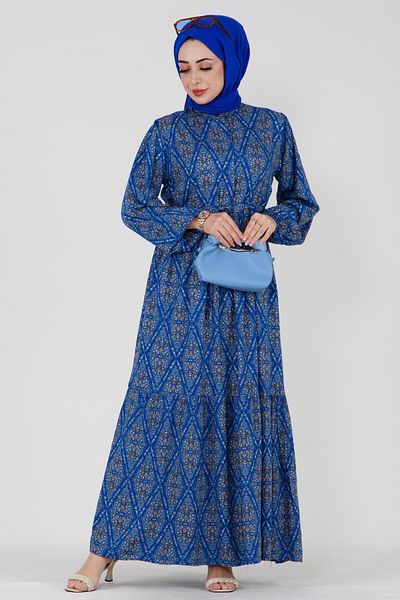Sevitli Baklava Pattern Viscose Dress with Tunnel Waist - Sax Blue
