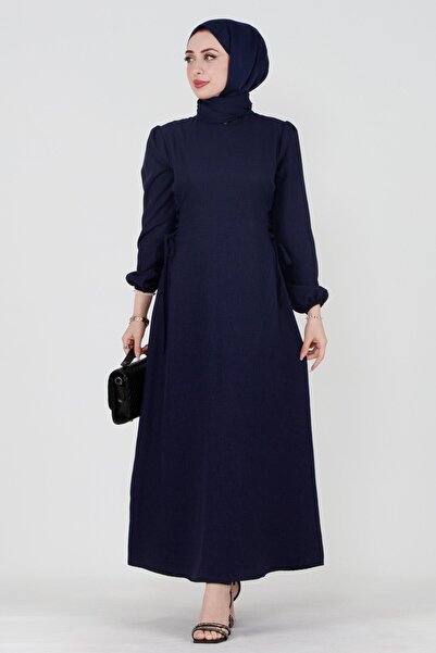 Sevitli فستان كتان باللون الأزرق الداكن - دانتيل جانبي