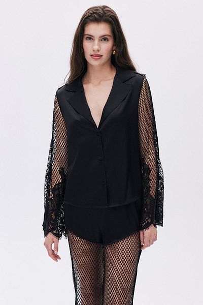 Feu De Elu Satin negru - Set pijama lungă Calla Lily din dantelă