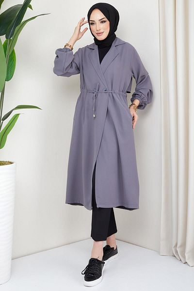 hafsamina Buttoned and Tied Trench Coat Gray