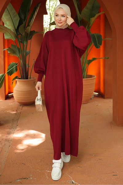 hafsamina Πλεκτό φόρεμα με μπαλόνι μανίκι Claret Red HM2522