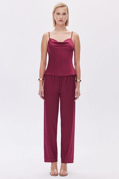 Feu De Elu Claret RedDegajeCollar Strap Long Satin Pajama Set - Brûleur