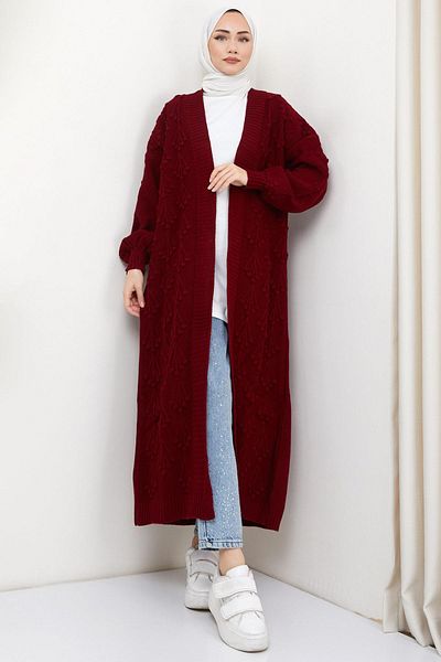hafsamina Cherry Patterned Long Knitwear Cardigan Claret Red HM2334