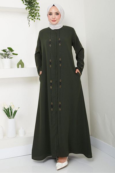 hafsamina Khaki Colored Icon Stone Detailed Ferace - HM2480