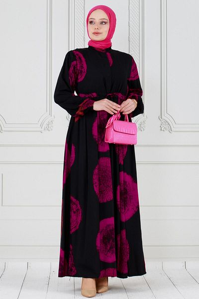 Sevitli Fuchsia Viscose Dress - Hidden Button and Digital Printed