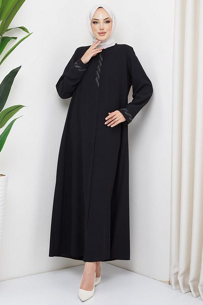 hafsamina Burma Stone Detailed Plus Size Abaya Black HM2310