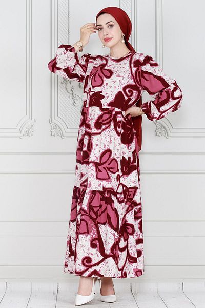Sevitli Rochie Viscon Lilium Roșie Claret - Cu Brâu