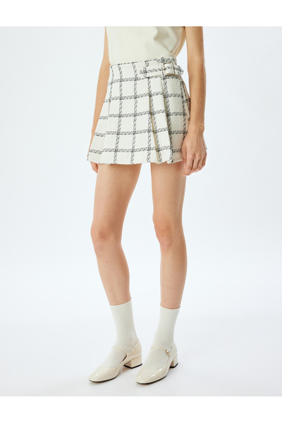Koton Mini Şort Etek Ekoseli Pileli Kemer Detaylı
