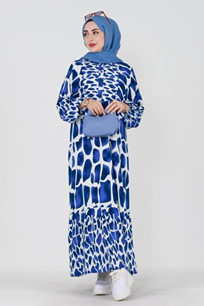 Sevitli Φόρεμα Zümra Robalı με μισό κουμπί βισκόζης-Μπλε