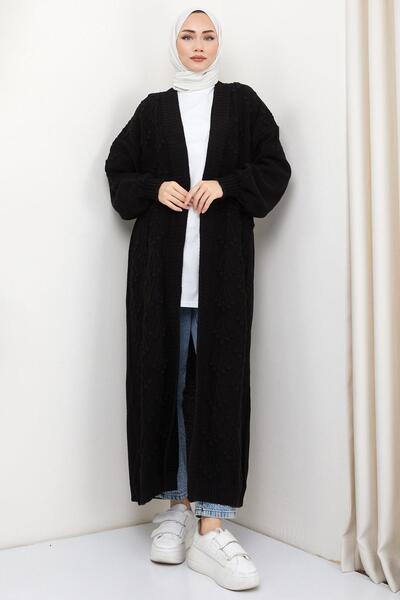 hafsamina Ζακέτα μακριά πλεκτά με σχέδιο κερασιού Μαύρη HM2334