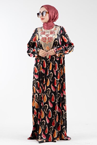 Sevitli Βελούδινο φόρεμα με κεντημένο μοτίβο σάλι στο λαιμό-αποξηραμένο τριαντάφυλλο