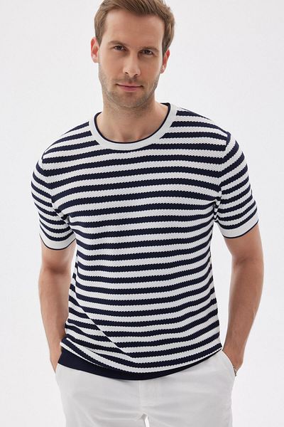 odelon Ανδρικό πλεκτό μπλουζάκι Navy Blue ριγέ ρεγιόν - κοντό μανίκι, λαιμόκοψη