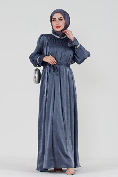 Sevitli Simli Taşlı Abiye Elbise-Lacivert