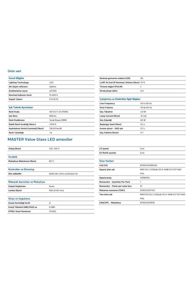 Philips Master Value LedBulb 5.9w-60w E27 2700k Dim Edilebilir Led Ampül