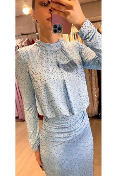 aşkın göksu Mavi Beden Zımbalı Hakim Yaka Belden Drapeli Uzun Kollu Kadın Abiye