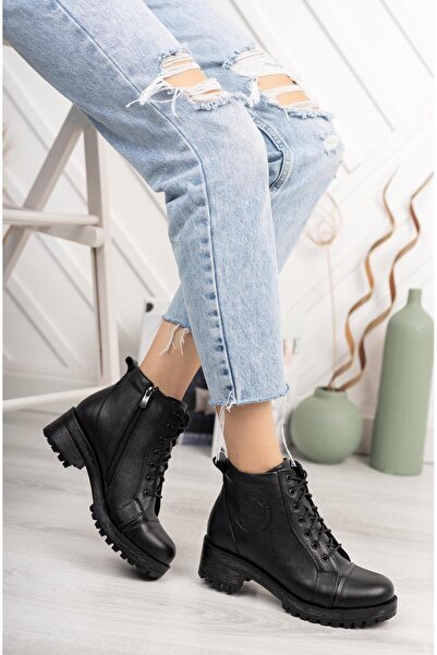 Hakiki Deri Günlük Kullanım Fermuarlı Yarım Postal Kadın Bot / Bootie DC2014
