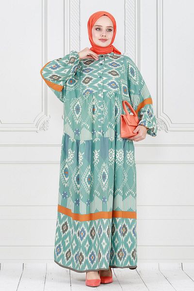 Sevitli Rochie cu jumătate de nasturi cu imprimeu Ikat verde mentă
