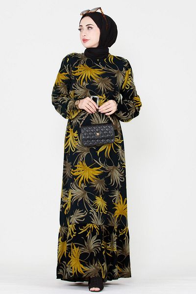 Sevitli Leaf Patterned Viscose Dress-black