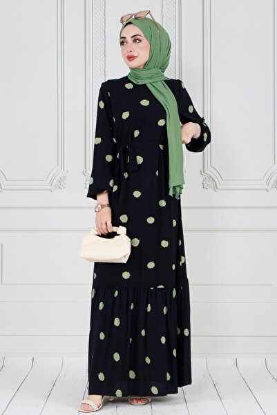 Sevitli Polka Dot Belted Hijab Dress-Khaki