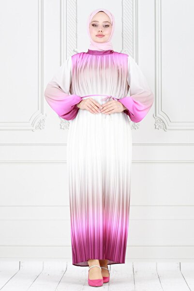 Sevitli Φούξια πλισέ μαρμάρινο χιτζάμπ φόρεμα