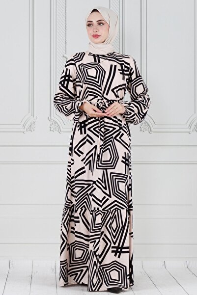 Sevitli Φόρεμα Viscon σε χρώμα πούδρας με γεωμετρικό σχέδιο - με τούνελ μέσης