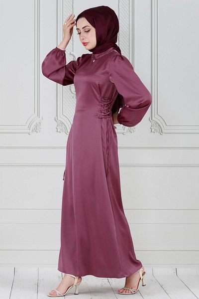 Sevitli Satin Evening Dress - Side Lace and Dried Rose
