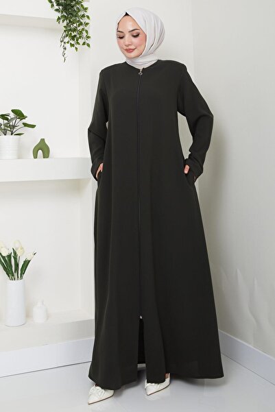 hafsamina Khaki Large Size Zippered Ferace - HM2488