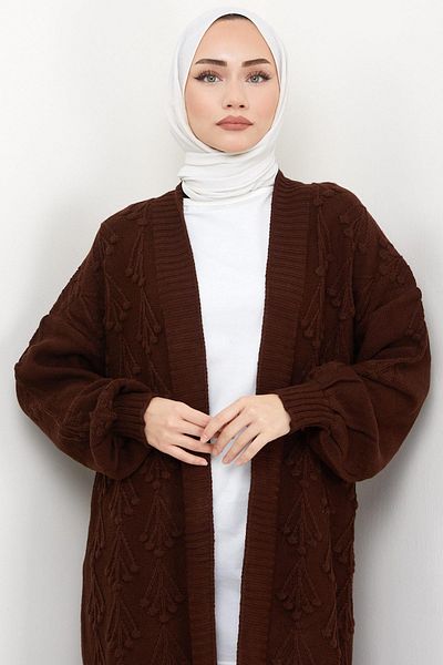 hafsamina Cherry Patterned Long Knitwear Cardigan Brown HM2334